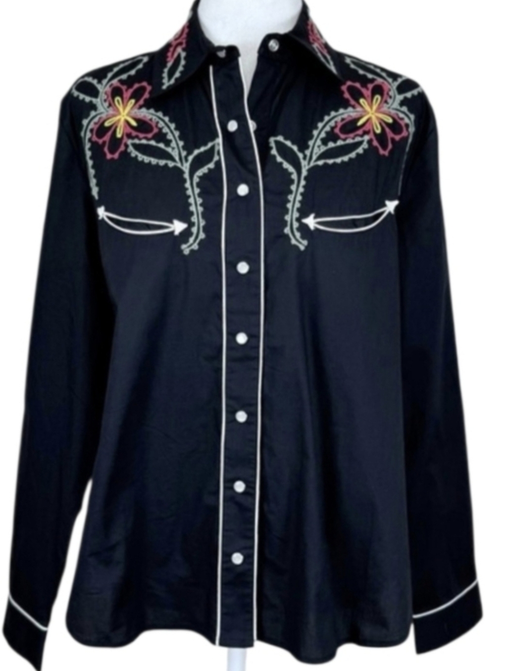 J.Peterman Cotton Floral Embroidered Western Snap Button Down Arrow Pockets Sz.S